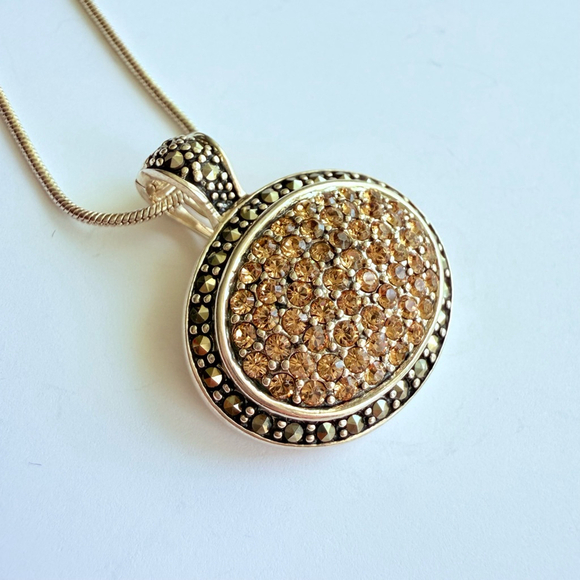 Pave Champagne Cubic Zirconia & Marcasite Sterling Silver 925 Pendant Necklace - Picture 2 of 7